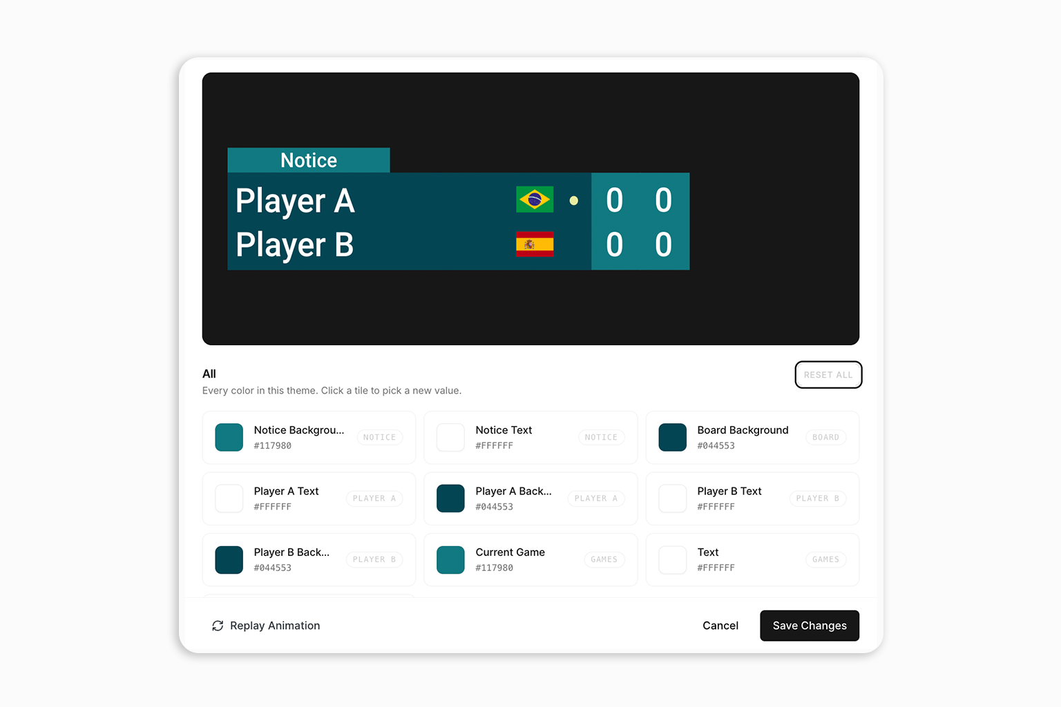 Customizable padel scoreboard overlay