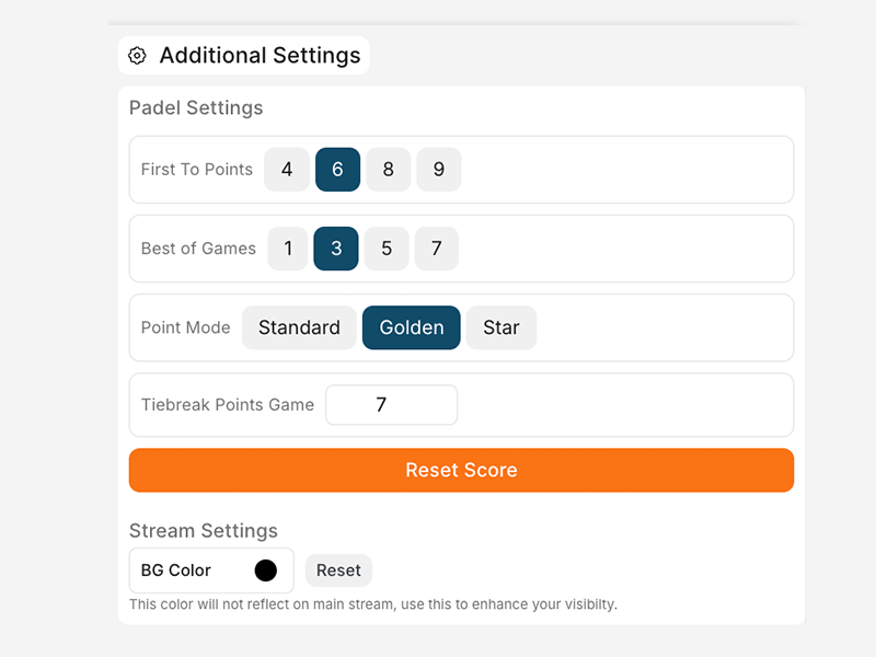 Customize padel match settings, teams, colours, and overlay details