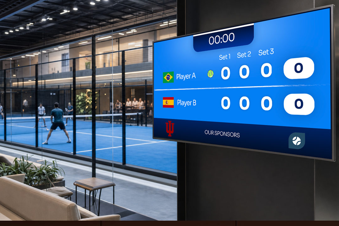 Live padel scoreboard displayed on a courtside TV screen