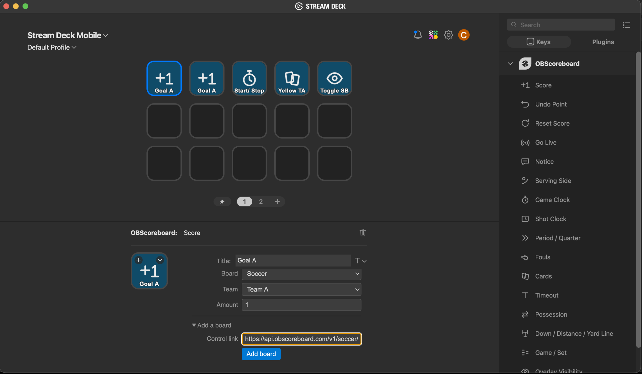 Pasting the Control URL into the Control link field in the Stream Deck settings panel