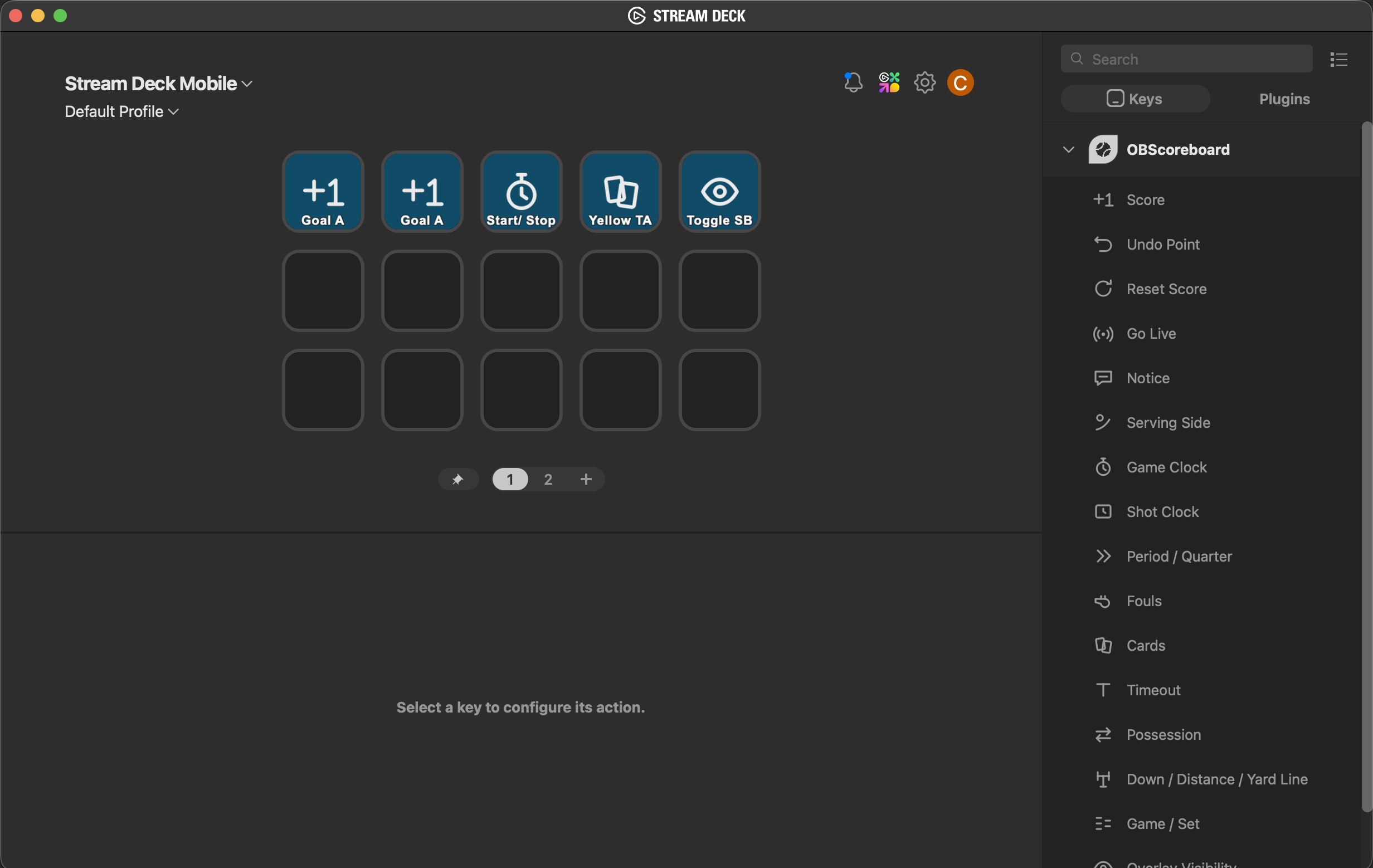 OBScoreboard actions dragged onto the Stream Deck layout