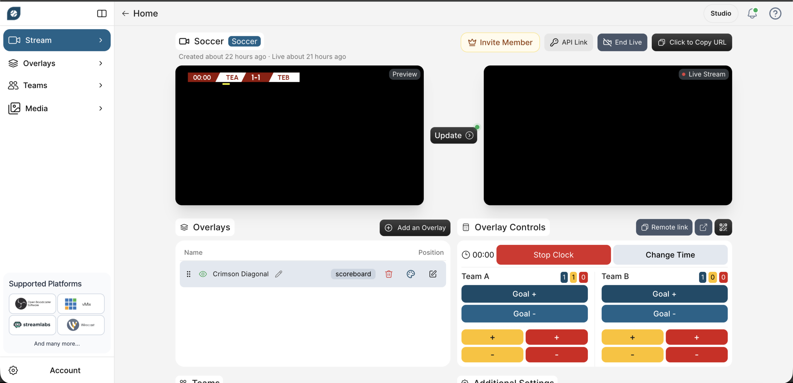 The OBScoreboard Studio dashboard showing overlay preview and controls