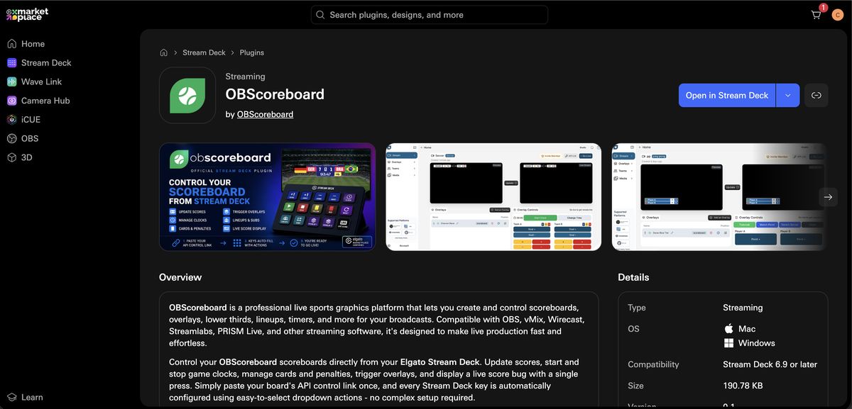 OBScoreboard on the Elgato Marketplace with the Open in Stream Deck button