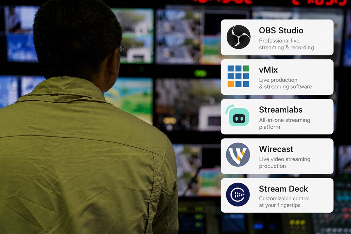 Broadcast production gallery with a wall of live feeds