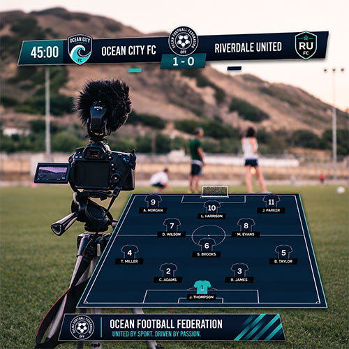Club camera on a tripod streaming a match with federation-branded graphics on screen
