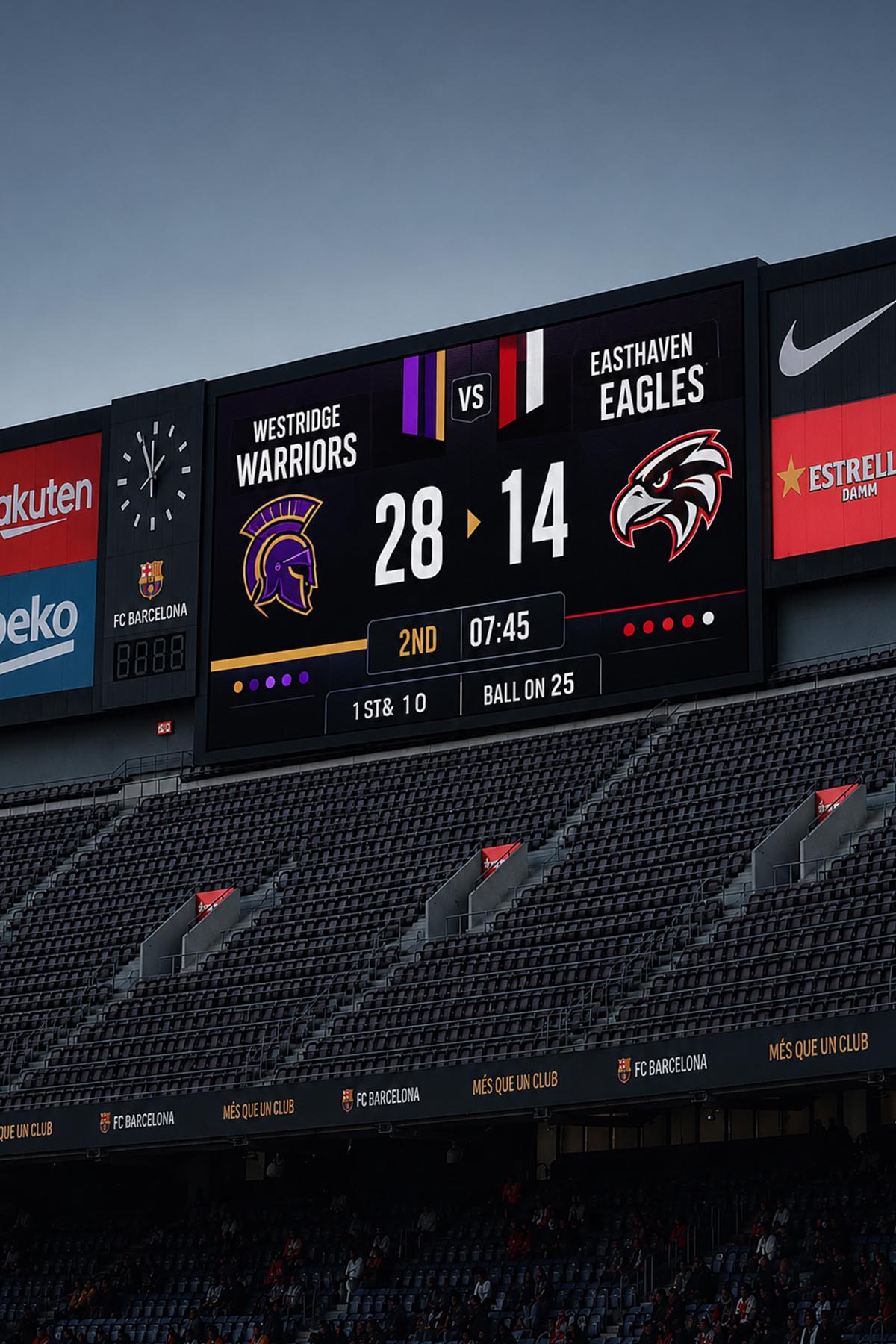 Sponsor logos on a school sports scoreboard during a live broadcast