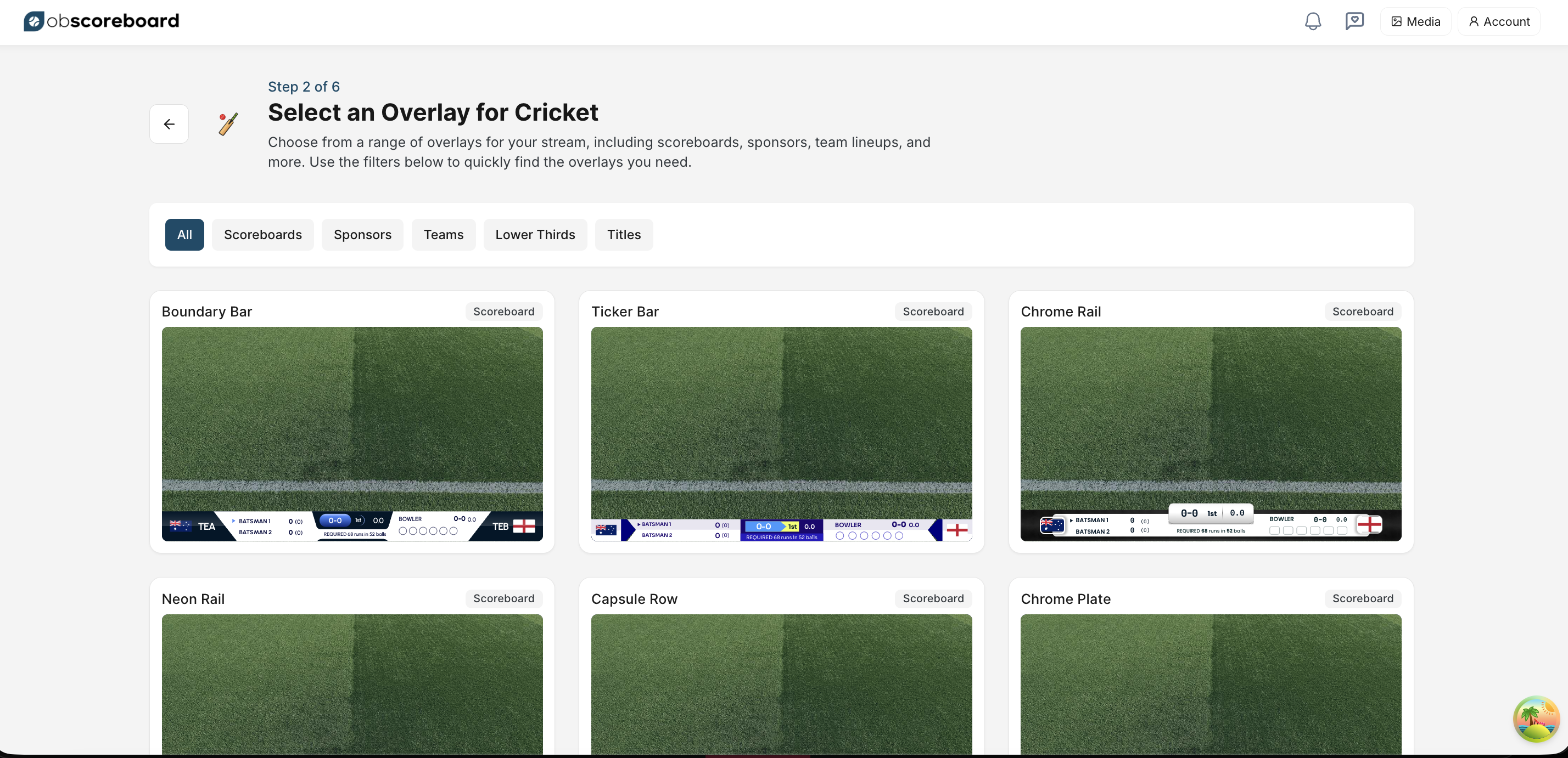 Cricket overlay gallery showing Boundary Bar, Ticker Bar and Chrome Rail
