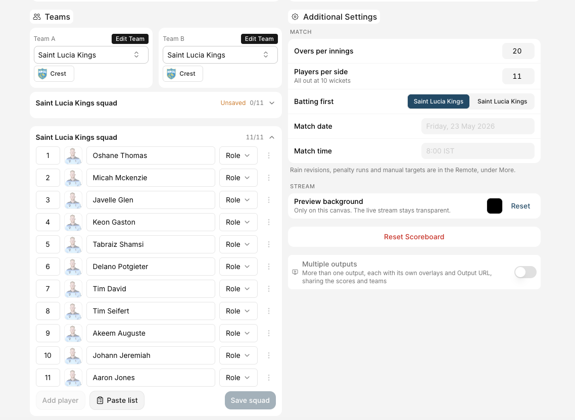 Cricket teams and additional match settings
