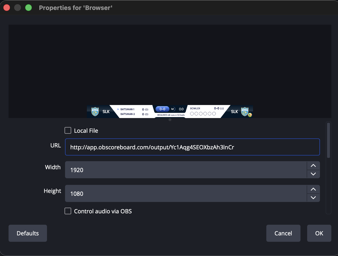 OBS Browser source properties with URL and 1920 by 1080 dimensions