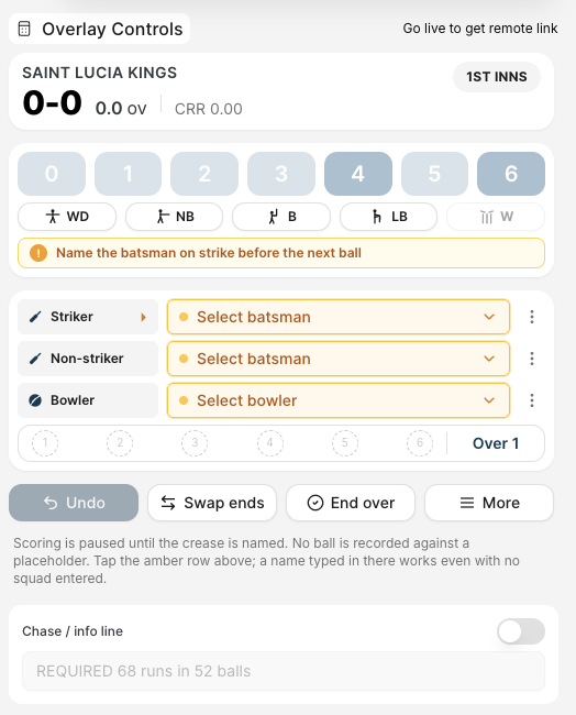 Cricket live scoring controls