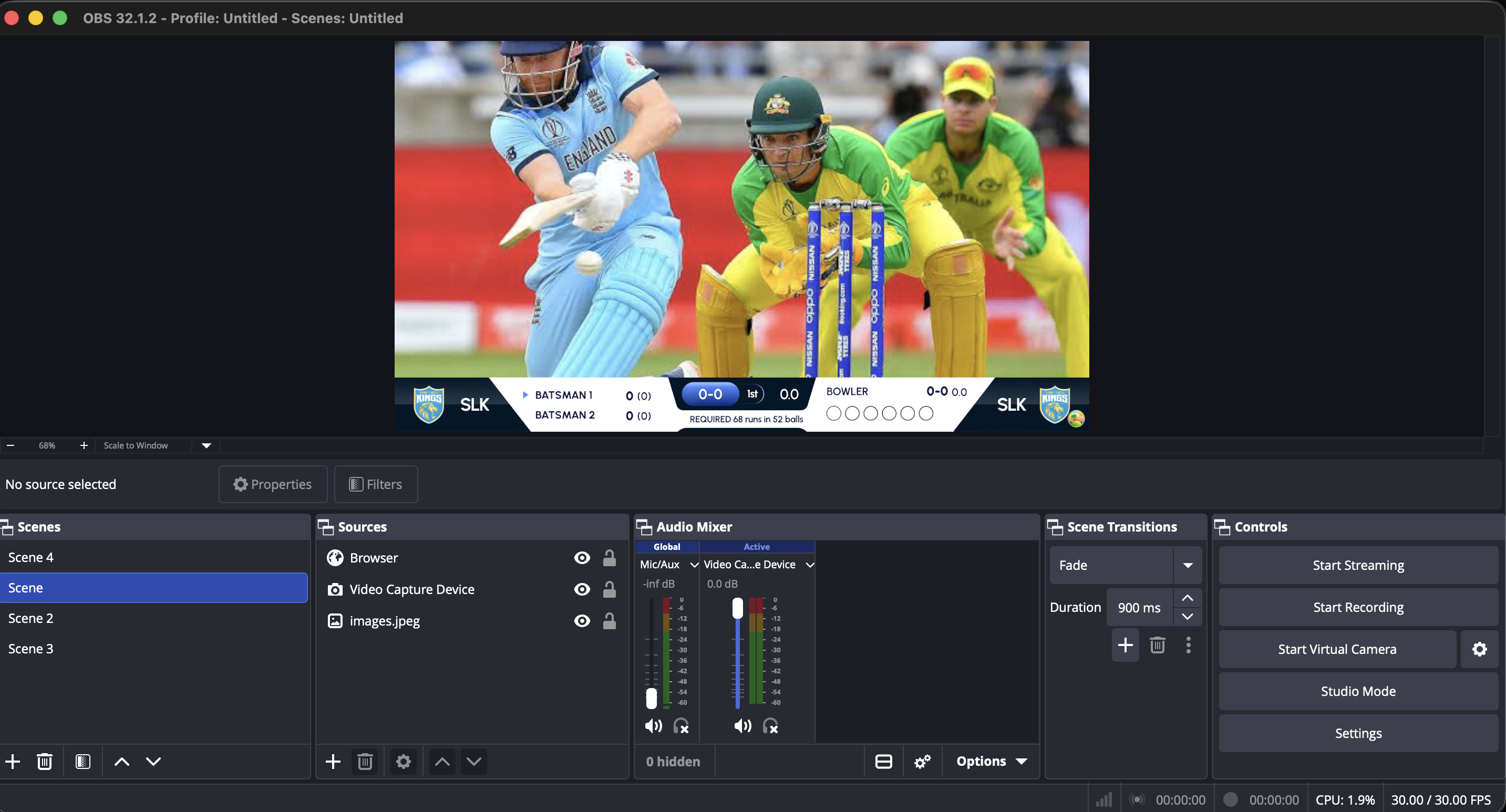 Finished cricket scoreboard overlay in OBS Studio