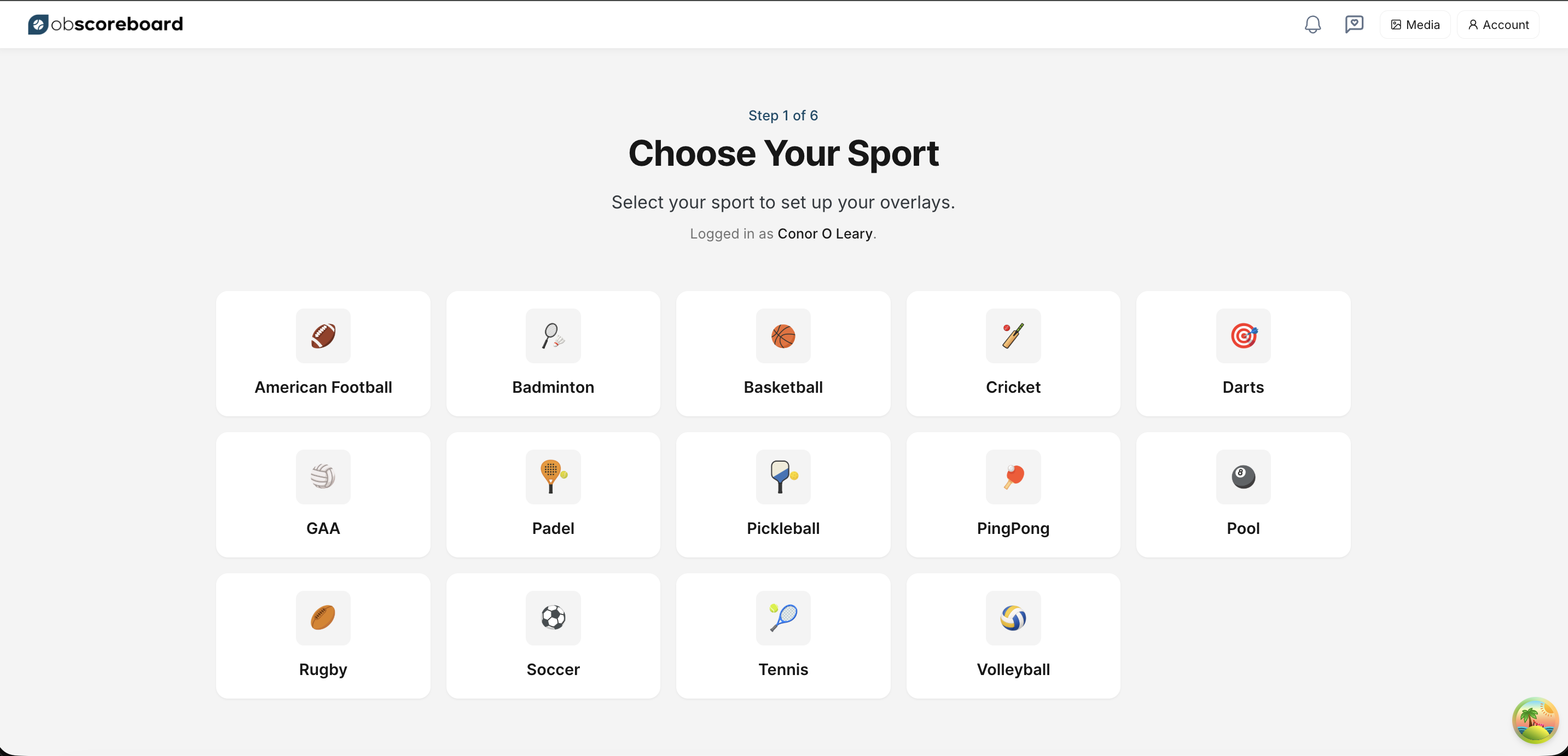 OBScoreboard sport selection screen